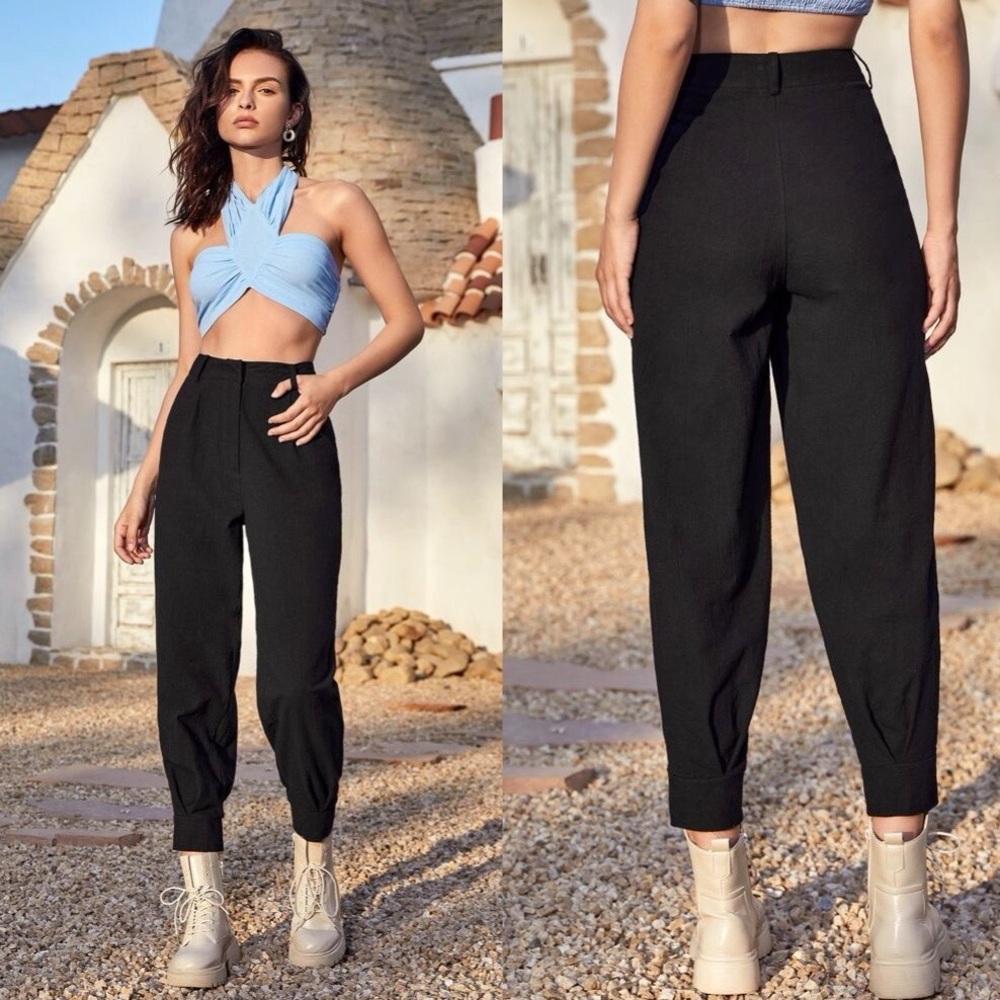 & Other Stories High Waist Tapered Button Front Black Pants